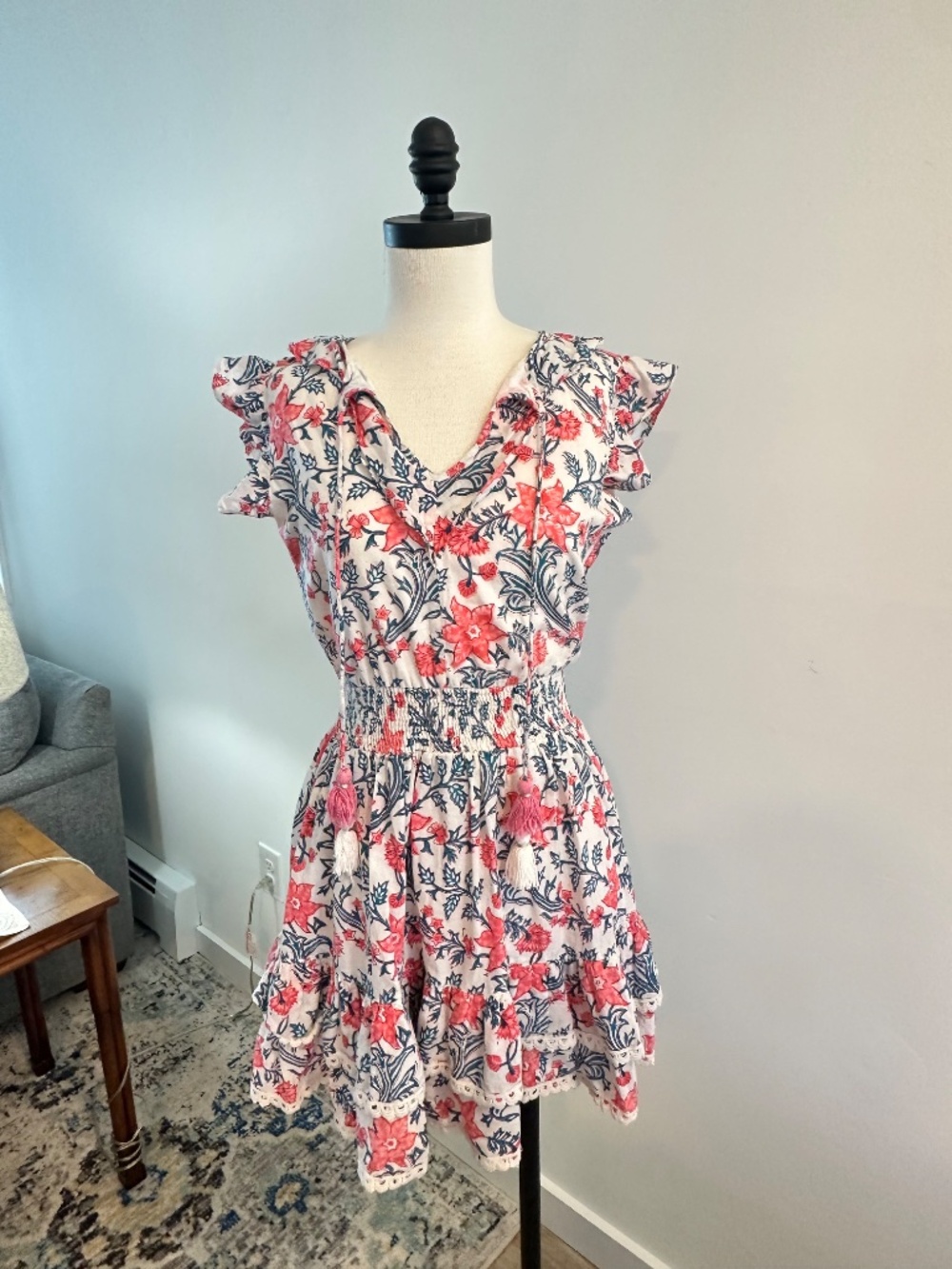 Madison Mathews Floral Smocked Tassel Mini Dress